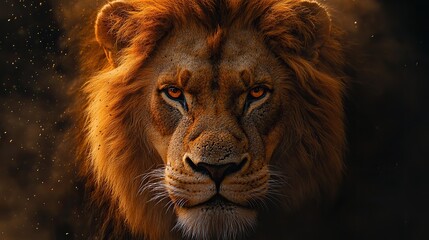 Naklejka premium big male lion in dust cloud on dark background 3d rendering