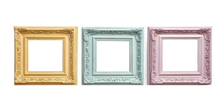 Ornate picture frames in bright colors with intricate details vintage style transparent background