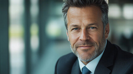 Fototapeta premium Confident Caucasian Businessman in a Dark Suit with a Well-Groomed Beard Sitting in a Modern Office, Representing Leadership, Success, and Professionalism