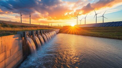 Sunset over renewable energy farm, water flowing, industrial background