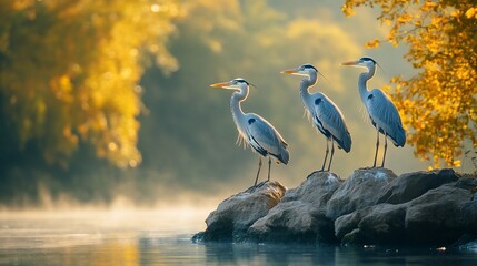 Naklejka premium Three grey herons perched on rocks by a misty river at sunrise, autumn foliage in background.