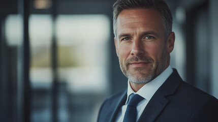 Fototapeta premium Confident Caucasian Businessman in a Dark Suit with a Well-Groomed Beard, Sitting in a Modern Office, Representing Success, Leadership, and Corporate Professionalism