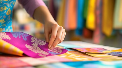 Obraz premium Close-up of hands selecting colorful fabric swatches.