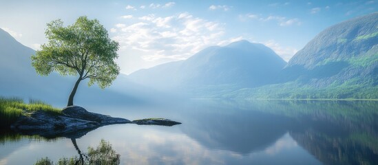 Lone tree reflecting on serene mountain lake with verdant banks under a blue sky and soft clouds, surrounded by majestic mountains in background.