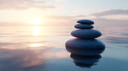Serene Stones Balanced on Water at Sunset, Finding Inner Peace and Tranquility
