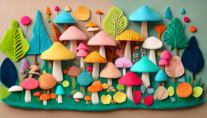 Obraz premium mushroom, mushrooms, forest, wonderland, 3d, new, colorful, background, landscape, vibrant, baby, kids, with, nature, fungus, cartoon, plant, felt, made, with, pattern, flat, lays, card, design, 