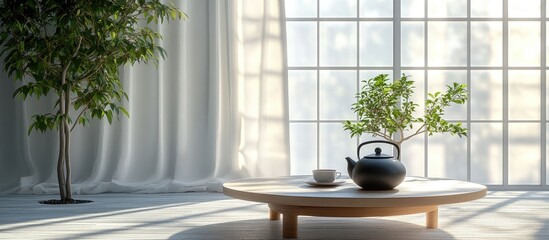 Fototapeta premium Zen-inspired interior featuring a round wooden coffee table with a teapot and potted plant, soft natural light filtering through white curtains.