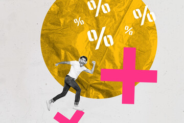 Contemporary art banner collage of excited businessman run economy profit percentage sign...