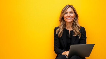 business woman holding tablet, marketing photography, happy to sell you a product, standing, smiling