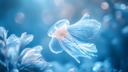 Obraz premium A translucent jellyfish gracefully floats amidst underwater flora, bathed in soft, blue light.