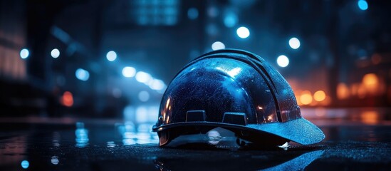 Reflective safety helmet placed on a wet surface glistening under vibrant blue and orange lights creating themes of safety and preparedness