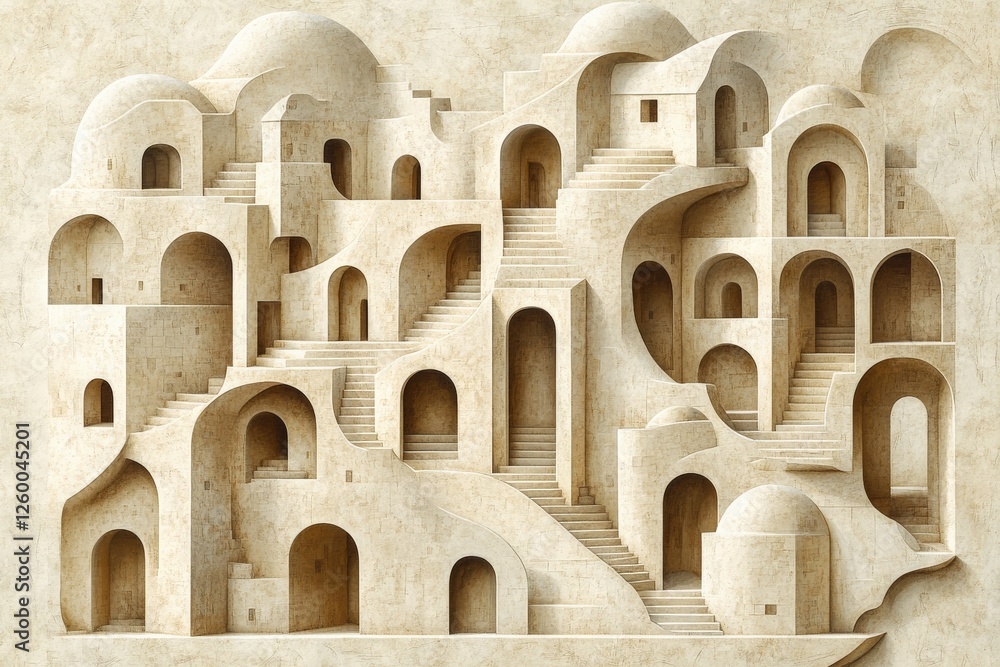 Poster Intricate architectural design featuring interconnected staircases and domes in an abstract structure