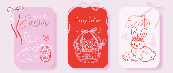 Naklejka premium Ink minimal hand drawn sketch line art illustrations of Easter cards with bunnies, Easter eggs, and a basket. Perfect for celebrating the holiday with a festive 