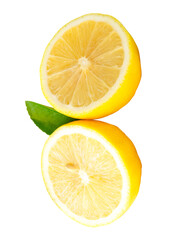 Yellow lemon fruits cut into two halves or pieces with green leaf in stack isolated with clipping path in png file format