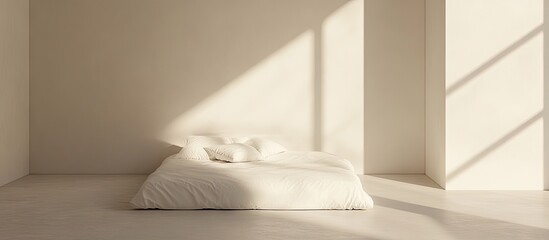 Minimalist bedroom showcasing a white bed with soft pillows against a light beige wall, sunlight casting gentle shadows for a serene vibe