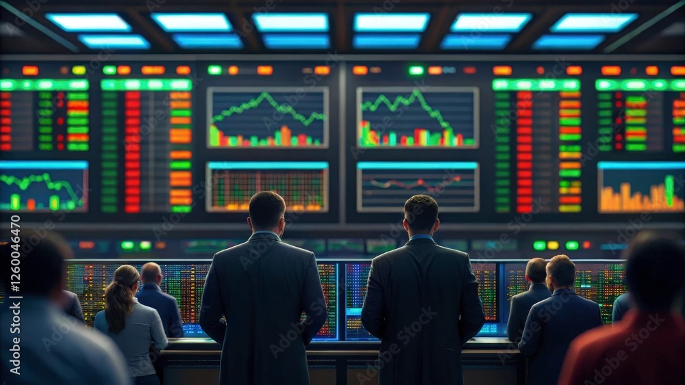 Poster a group of business people in a futuristic control room with giant screens displaying complex charts