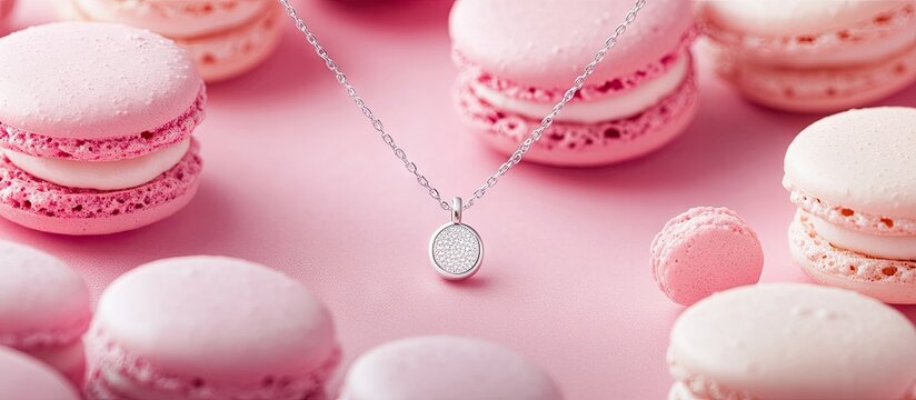 Personalized silver name necklace centered on a light pink macaron background with soft pastel colors creating a charming jewelry display.