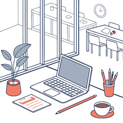 Modern office workspace setup with laptop, coffee cup, and stationery