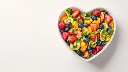 Heart shaped bowl filled with assorted colorful fruits on white, symbolizing health and love. Ideal for wellness, nutrition, or food related content with bright, inviting visuals.