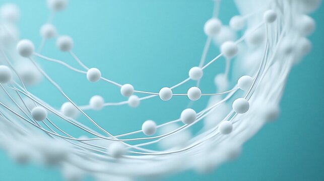 Abstract white spheres connected by thin lines, forming a circular network on a teal background.