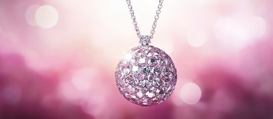 Elegant pendant resembling a disco ball in shimmering silver and pink hues centered against a dreamy soft-focus background for a striking impression.