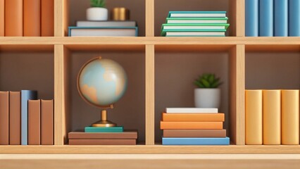 bookshelf with a globe in the center. The shelf is filled with colorful books in various sizes. There are also two potted plants on the shelf.