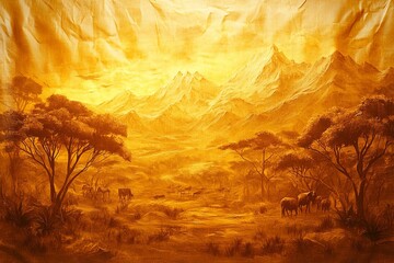 Golden sunset over vast savannah with silhouettes of trees and grazing horses