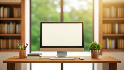 Clean and modern home office workspace with computer, bookshelves, and plants. The computer screen is blank, providing space for your content. 