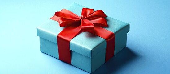 Obraz premium Bright blue background with a centrally positioned gift box wrapped in light blue, featuring a vibrant red ribbon bow creating a festive atmosphere.