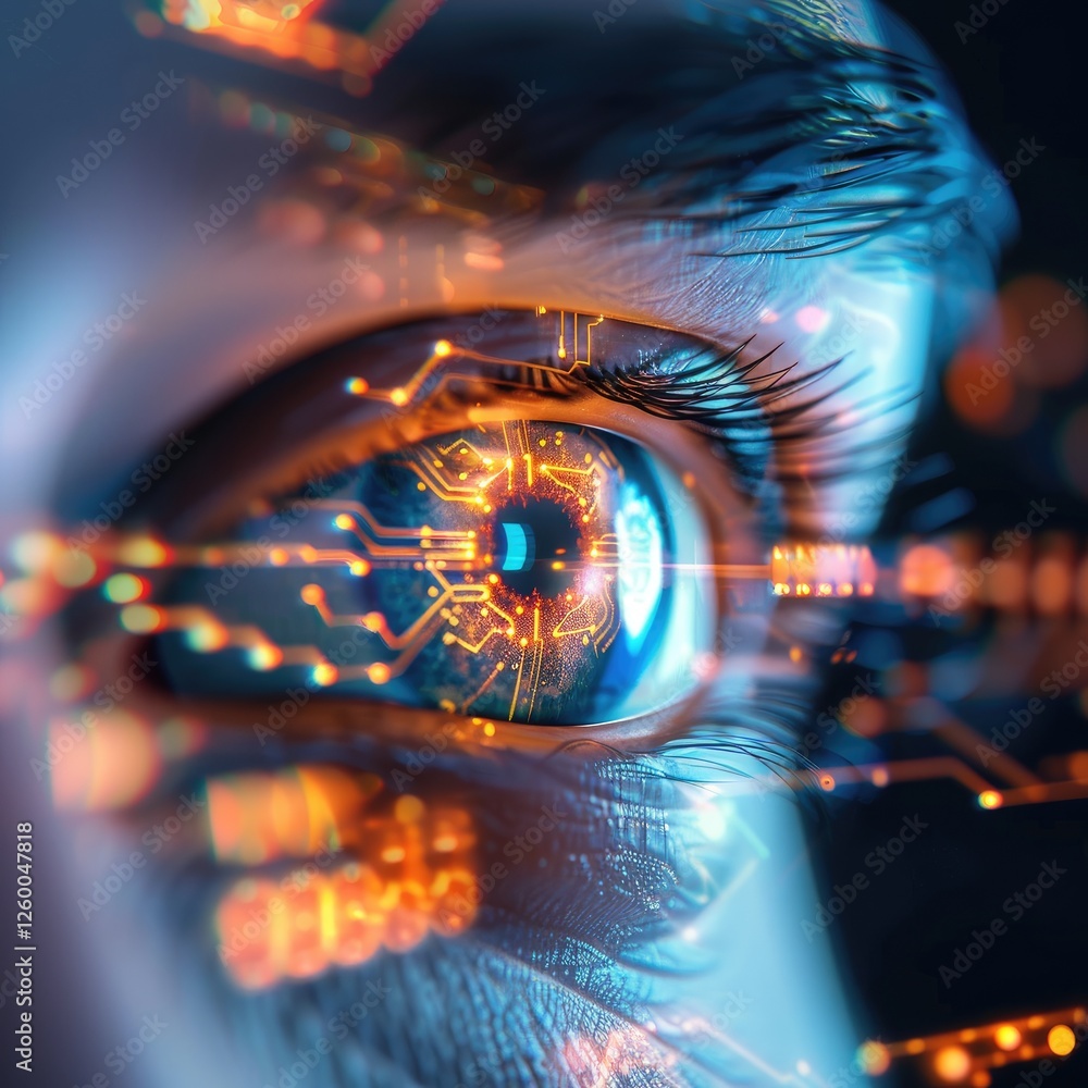 Poster futuristic close-up of eye with circuit patterns and digital elements