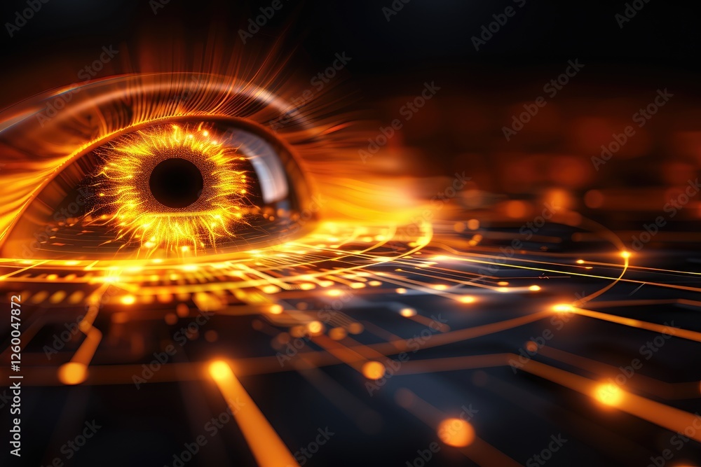 Poster eye with glowing patterns and digital data in a technological setting