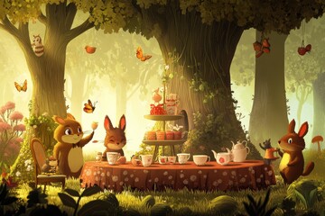 Two bunnies enjoying tea with friends in a forest setting