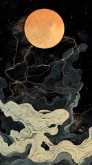 Stylized depiction of a golden moon with cloudlike formations