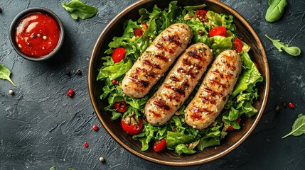 Grilled sausages, salad, dark background, recipe