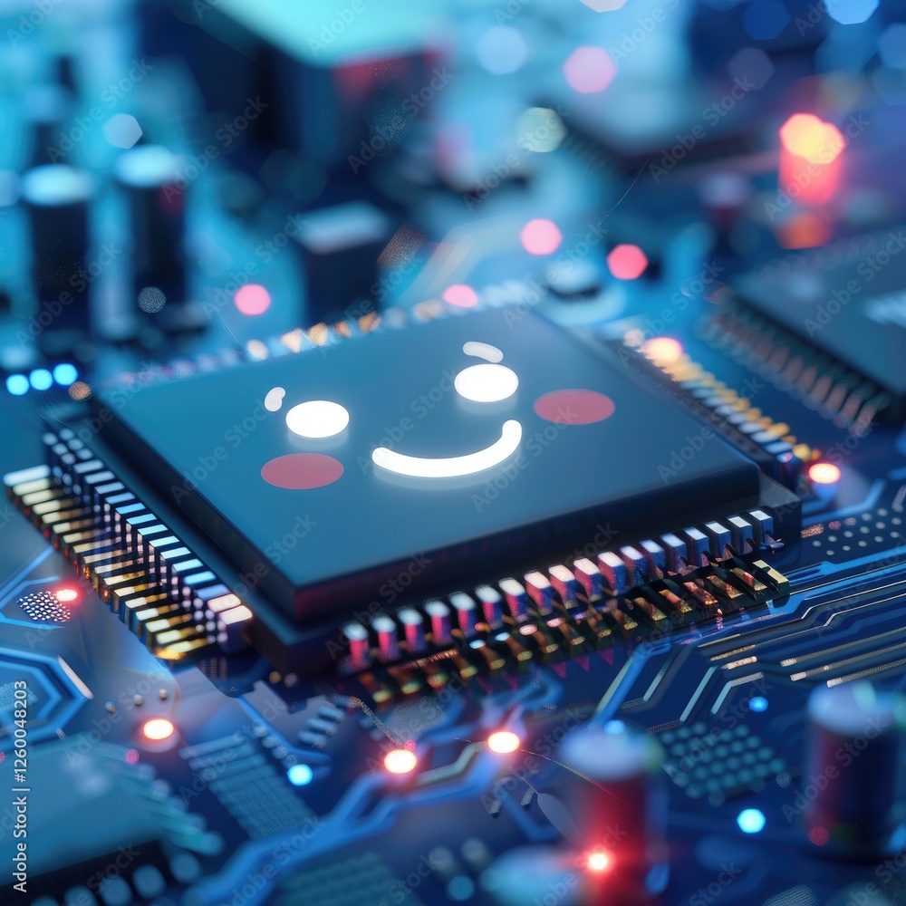 Poster smiling microchip on circuit board with colorful lights and details
