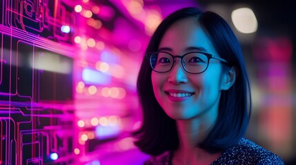 Smiling woman in glasses against vibrant neon tech background.