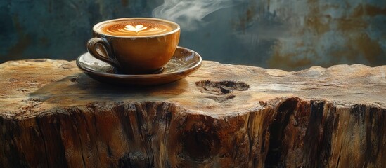 Steaming coffee cup in earthy beige tones placed on a textured rustic wooden surface against a soft blue-green background enhancing warmth and charm.