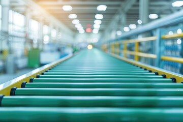 Fototapeta premium Industrial Conveyor Belt with Green Rollers in Modern Factory Setting
