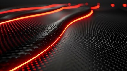 Abstract Red Neon Lines on a Black Honeycomb Patterned Surface Digital Art