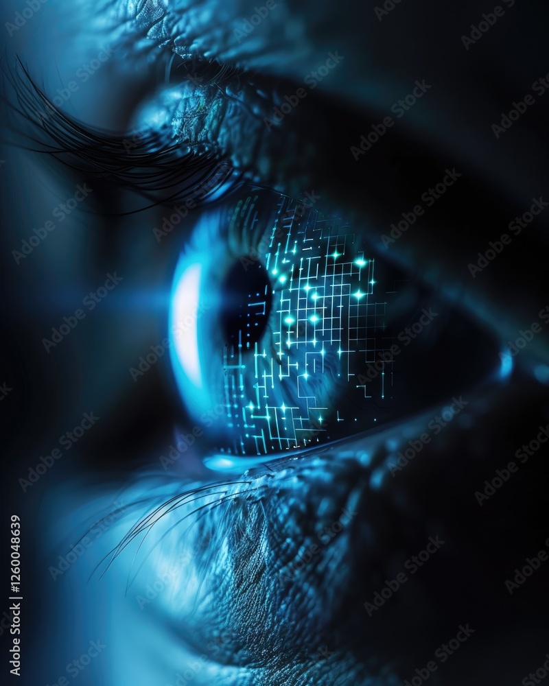 Poster digital eye with binary code representation in futuristic design