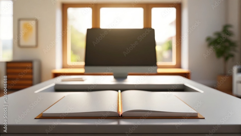 Aufkleber a minimalist home office workspace with a computer and a book. sunlight streams through the window, 