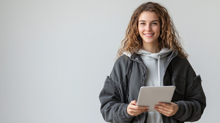 Fototapeta premium business woman holding tablet, marketing photography, happy to sell you a product, standing, smiling