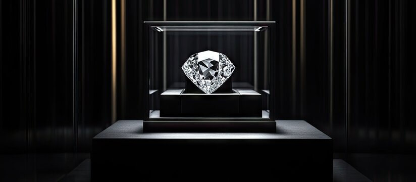 Brilliant diamond displayed on a black pedestal inside a glass case, illuminated by soft golden light against a dark background.
