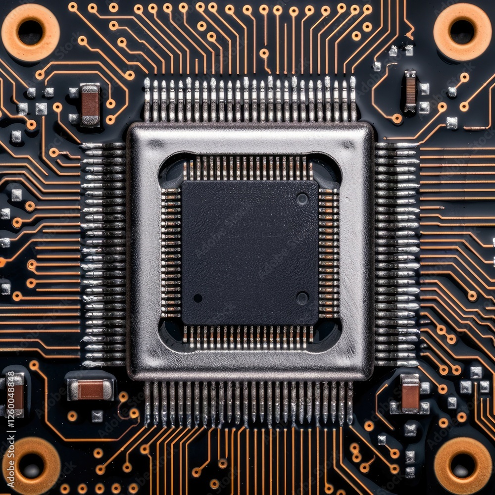 Poster a close-up image of a microchip on a circuit board, showcasing intricate patterns and connections th