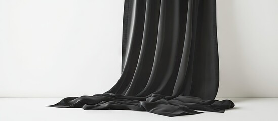 Solitary black curtain cascading gently on white background, creating sharp contrast, with drapes swirling elegantly on the floor below.
