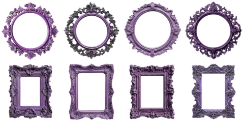 Vintage picture photo frame set, round and rectangular shape, amethyst color, ornate pattern in baroque style, PNG transparent file