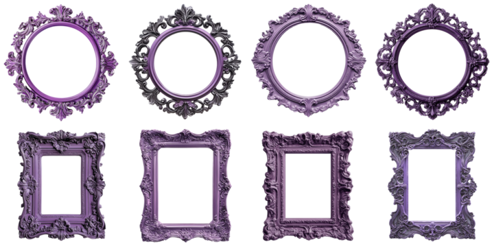 Vintage picture photo frame set, round and rectangular shape, amethyst color, ornate pattern in baroque style, PNG transparent file