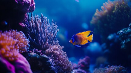 Vibrant yellow and blue angelfish swimming amidst colorful coral reef in underwater scene.