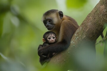 Fototapeta premium A mother monkey cradles her infant, nestled safely in the lush green foliage of a tropical rainforest.