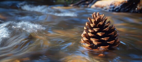Buoyant pine cone floating gracefully in a clear stream with rippling water and soft brown stones, showcasing nature's resilience and tranquility.